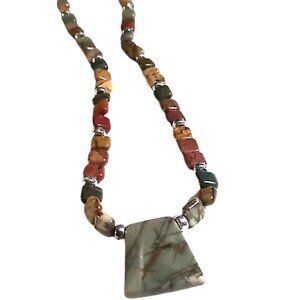 Polished Jasper Pendant Necklace-Square Polished Jasper Stones & Round Spacers